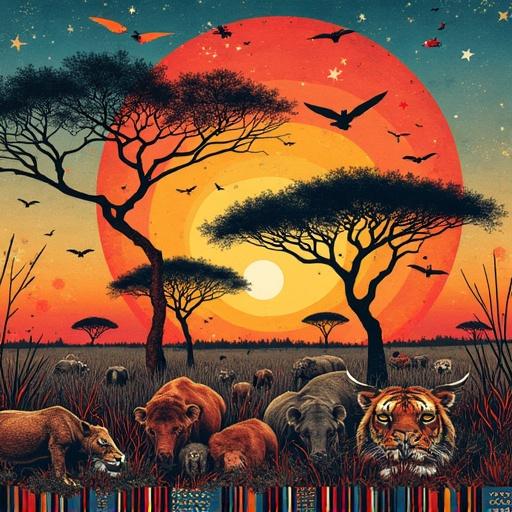 Symbolism based artistic illustration featuring the Serengeti with wildlife and intense sunset colors; include african arts and culture motifs; create an emotional and detailed artwork.