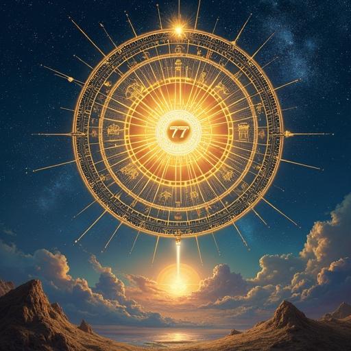 Majestic illustration of number 777 celebrating sacred universal symbol. Fusion of visuals from Egyptian, Maya, Chinese, Celtic, and Hindu cultures. Central radiant 777 surrounded by cosmic patterns and ancient symbols. Rich golden, silver, and celestial blue colors create a spiritual ambiance.