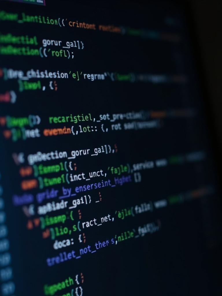 A computer screen displays various lines of code. Code features colored text for functions and variables. The angle gives a dynamic perspective. Some lines are in focus while others blur. The color scheme includes green blue red and white on a dark background. The image conveys a tech-oriented atmosphere.