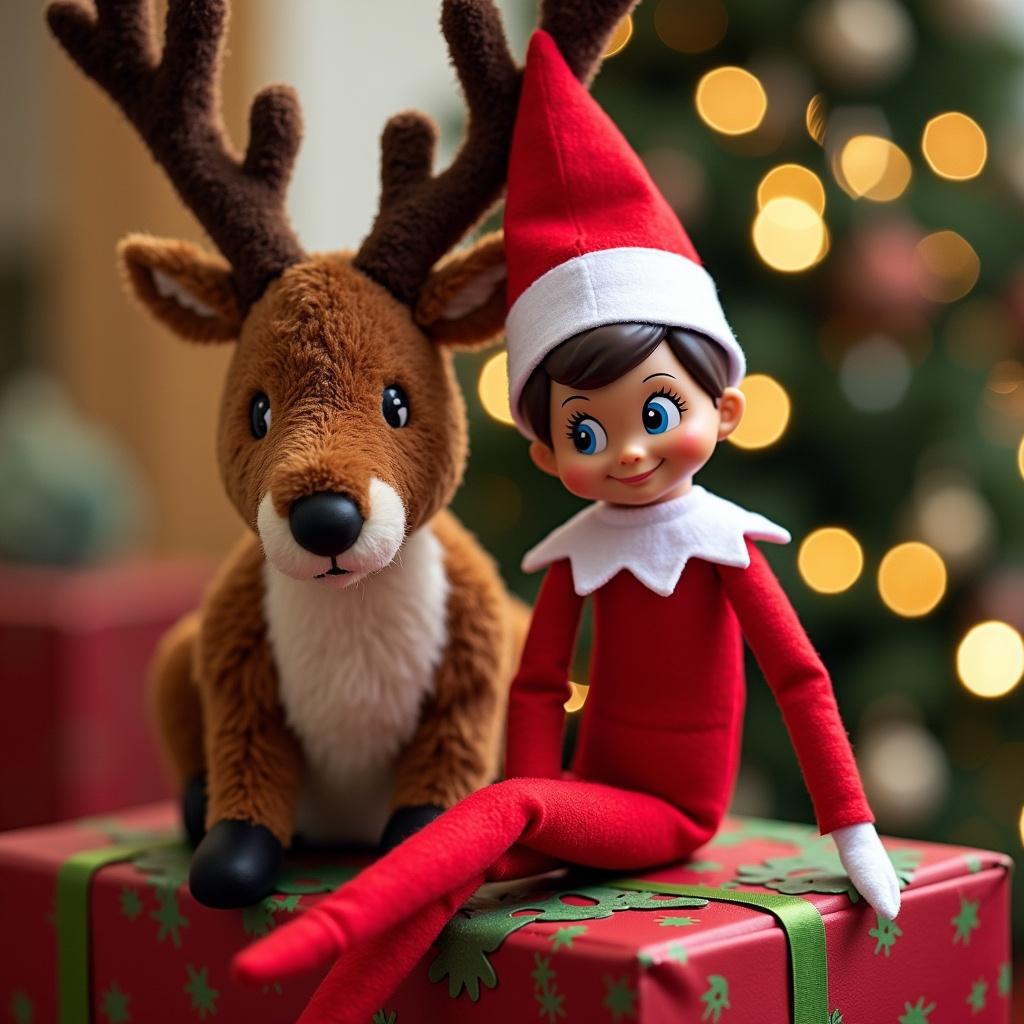 Image shows cheerful character dressed in red and white attire. Elf character poses with a reindeer. Scene set in a festive North Pole environment. Presents in the foreground.