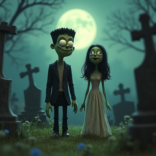Joyful Frankenstein monster with oversized eyes in tattered clothing standing with the Bride of Frankenstein in a misty graveyard with crooked headstones. Moonlit scene combines nostalgic charm with intricate details and quirky aesthetic.