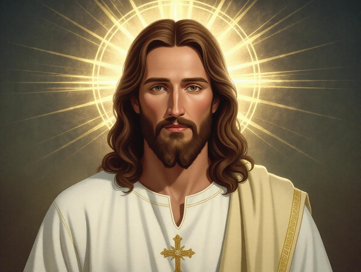 Jesus Christ depicted with light brown wavy shoulder-length hair. Neatly trimmed beard and serene compassionate expression. Wearing bright white tunic with no symbols. Soft background featuring a mystical glow and luminous halo around His head. Realistic digital art in traditional Catholic sacred style. Soft and harmonious colors with divine light coming from the background. Frontal view showing devotional classical painting style.