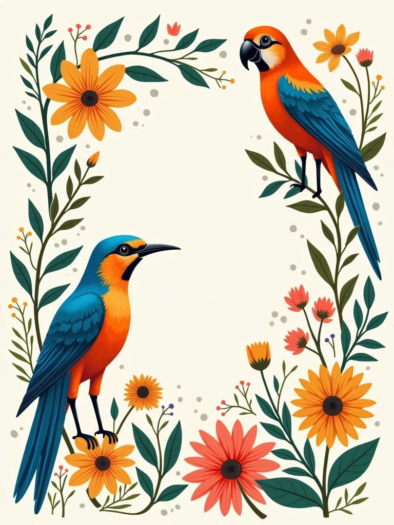 Colorful illustration features birds and flowers. Includes whimsical design elements. Artistic style is vibrant. Nature theme appears cheerful and inviting.