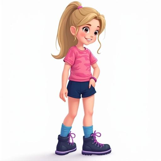 Cartoon girl standing with playful pose. She has long dark-blonde hair in a ponytail. She's wearing a pink-camouflage shirt and navy-blue shorts. Blue socks and shiny dark-blue hiking boots. No background.