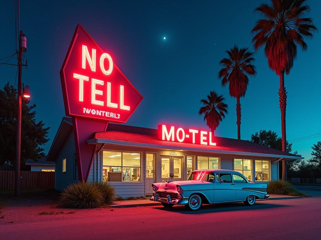 The image depicts a classic motel named 'No-Tell' illuminated by striking neon signs at night. There is a vintage car parked in front, enhancing the nostalgic feel of the scene. Tall palm trees frame the background under a starry sky, creating a picturesque setting. The colors are vibrant, with bold red neon lights contrasting against the soft blues of the evening. This scene evokes a sense of adventure and reminisces simpler times during road trips.