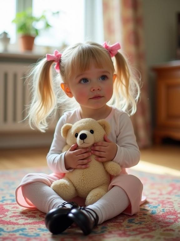 Young girl with blonde ponytails and pink ribbons sits in a cozy room on a colorful rug. She wears a white top and pink skirt with lacy stockings and black Mary Janes. She hugs a teddy bear and looks up shyly.