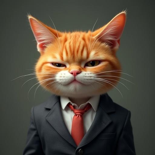 A semi-realistic cat wears a suit with a cheeky smirk and one eyebrow raised. Ears are slightly tilted.