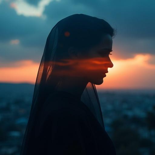 Cinematic double exposure image featuring an artistic representation of the Islamic New Year. Dark blue color theme with a dramatic sunset in the background. The image conveys a moody and introspective atmosphere with high detail in 8K resolution.
