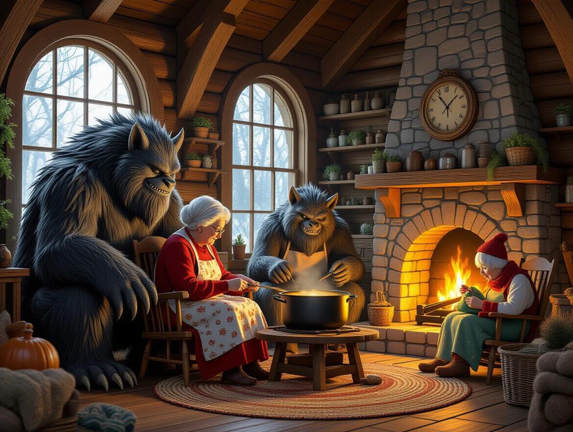 Cozy forest cottage filled with love and monsters. Elderly grandmother sitting with massive clawed beasts. One stirring stew pot. Another gently sweeping. One knitting clumsily. Rustic fireplace glowing with warm light. Wooden shelves with herbs. Tender and surreal atmosphere, story-rich composition.