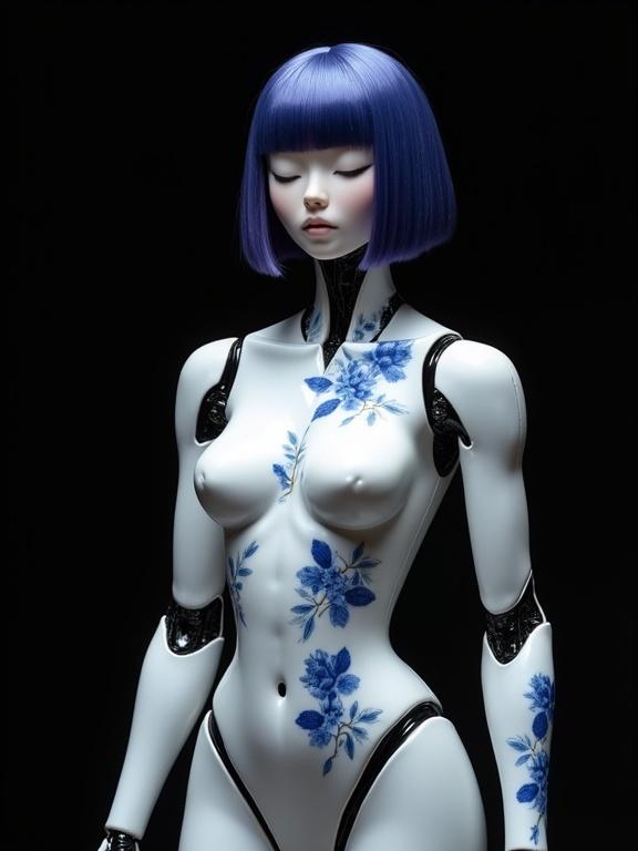 A female android with a porcelain body decorated with blue china flowers. The android has steel joints and a dark blue-purple bob wig. The pose is strong and captivating against a black background.