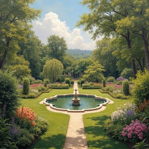 Painting depicts a serene English garden with a central fountain, lush green foliage, and colorful flower beds. The scene conveys a sense of tranquility and nature's beauty.