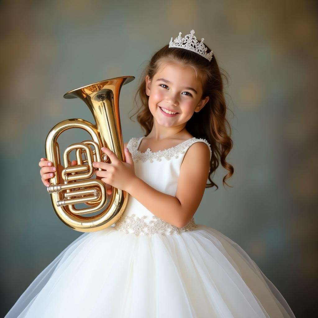 Young girl poses in a princess gown holding a sousaphone. She smiles radiantly. The gown is elegant and white, hair styled beautifully. Background is softly blurred. Playful and cheerful mood conveyed.