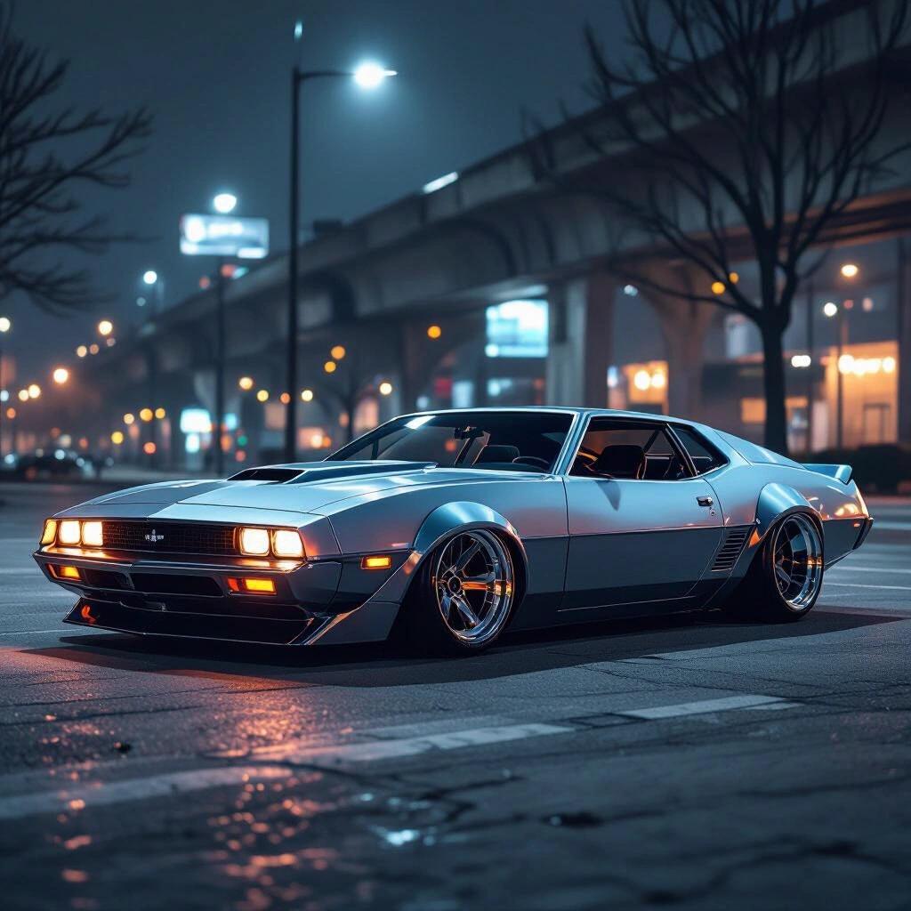 Parked angular dual tone concept car. Futuristic funny car. Low rider design. Raw photo style. Epic dark ghetto ambiance. Dark tech vibes visible. Side view at night. Engraved details with deep grooves.