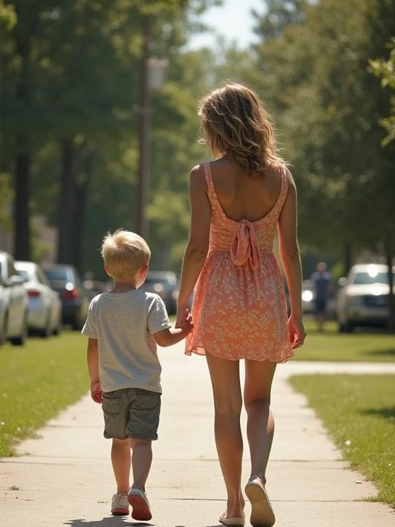 Mother and son walk home from school. Mother wears a mini sundress. Child holds mother's hand. Natural daytime setting. Soft focus and pixelated appearance. Bright colors reminiscent of old Instagram filters.