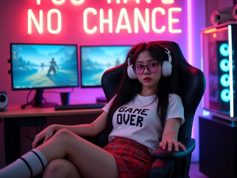 In a sleek RGB-lit gaming room, a confident young female streamer sits in a high-back chair. She wears a white shirt with pixel-style text saying GAME OVER, a red plaid skirt, and striped thigh-high socks. Her long black hair is in twin tails, and she has white headphones and pink-tinted glasses. Two monitors display adventure game graphics, and a custom-built PC with multicolor LEDs is visible. Above her is a neon sign reading YOU HAVE NO CHANCE.