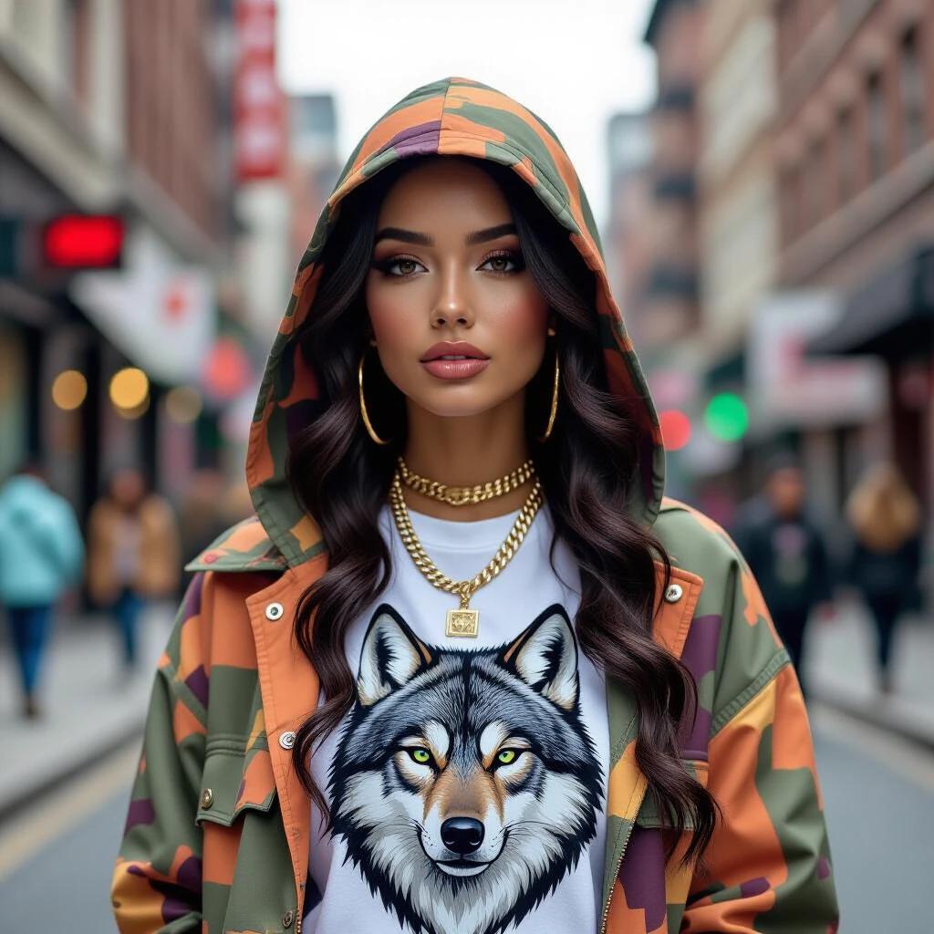 A closeup shot of a female model in an urban setting. She performs rap on the street. Her skin showcases realistic texture. She wears oversized hypebeast clothing in bright colors. The t-shirt features a wolf graphic. The perspective is a flash closeup to highlight details.