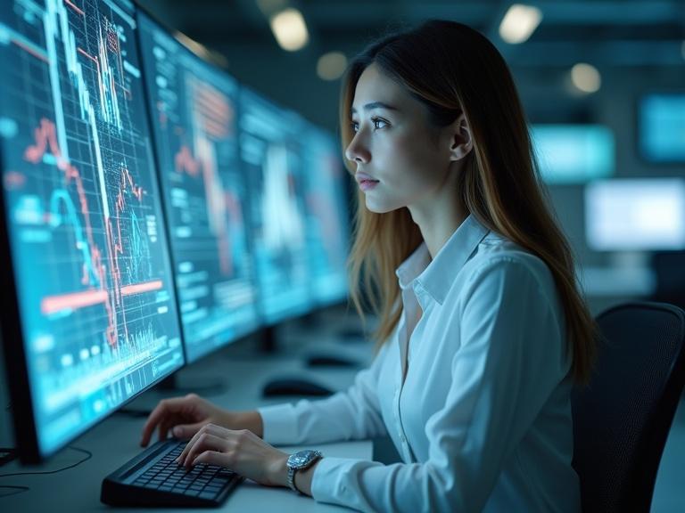 Futuristic office scene with advanced technology and data visuals. Woman reviews multiple screens with data charts. Soft lighting enhances the high-tech atmosphere. Background features holograms depicting automated factories. Focus on modern workspace aesthetics.