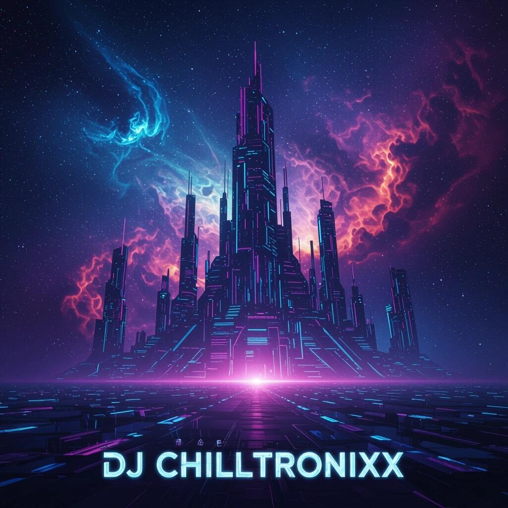 Futuristic city with giant neon structures. Background features a captivating nebula sky. Album cover design with text DJ Chilltronixx.