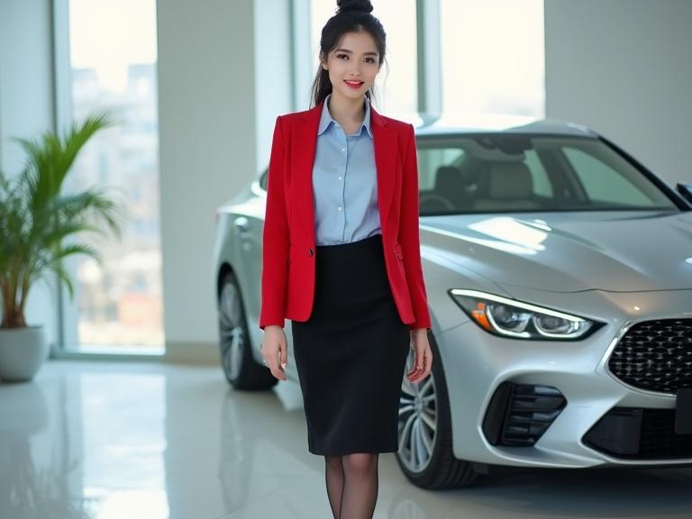 Full-body portrait of a professional Chinese woman in car dealership. She wears a rose-red blazer, light-blue chiffon shirt, black knee-length skirt, and black heels. Her hair is neatly bunned, and she exudes confidence with a smile. Silver sedan is parked beside her.