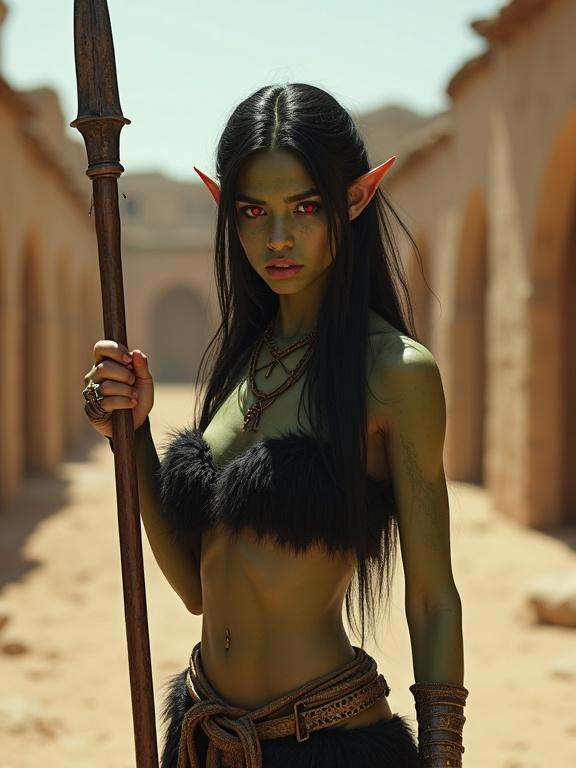Photorealistic image of a young woman with mottled green skin and red eyes in a medieval village. She has long black hair and thick ears. Wearing a small black fur top and loin cloth. Holding a massive lance towards the viewer. Full body shot with a threatening expression.