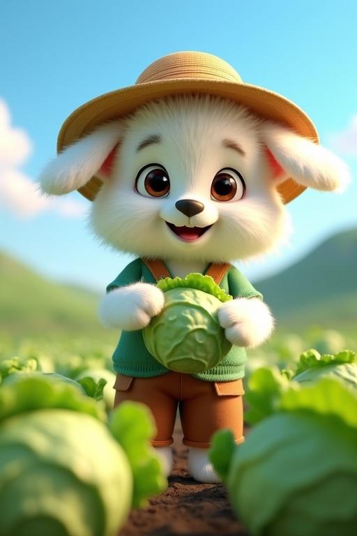 3D cinematic scene featuring a fluffy white puppy in a cabbage field. Puppy stands upright, wearing a straw hat, green shirt, and brown pants. Holds a cabbage with a joyful expression. Sunlight enhances textures of the fur and cabbages. Background includes green hills and blue sky.