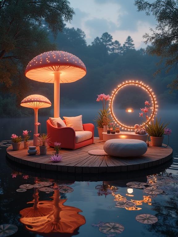 Dreamy floating makeup studio on a lake at twilight with glowing mushrooms, cozy round sofas, wooden raft, and drifting water lilies. Enchanting and serene atmosphere with ambient music.