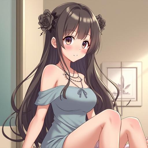 A young Japanese woman in her early twenties wearing trendy clothes. She has a slender figure, large eyes, and a slightly tanned complexion. The background features Shibuya, giving an urban vibe.