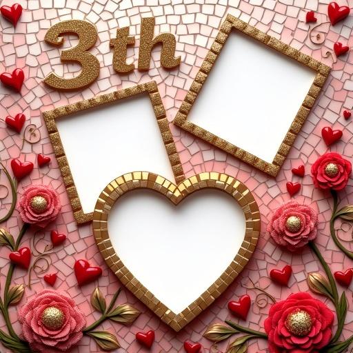 A romantic couple-themed photo collage with three photo frames in an artistic mosaic style. Background features small colorful tiles in red, pink, gold, and white, creating hearts, flowers, and swirls. Frames are blank. The top left frame is heart-shaped, the top right is rounded with scalloped edges, and the center frame is circular with a tiled border. The layout forms an upside-down triangle. The word '3th' is in large golden letters with a 3D shadow. The style is expressive and handcrafted.