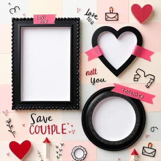 A square-format couple-themed photo collage styled with washi tape and stickers. Three empty black frames arranged playfully. Top-right features a heart-shaped frame, center-left has a rectangular frame with scalloped edges. Bottom-center is a circular frame with a glitter border. Soft pastel gradient background with hearts, arrows, envelopes, candles. Handwritten words like 'Love You' and 'Together.'