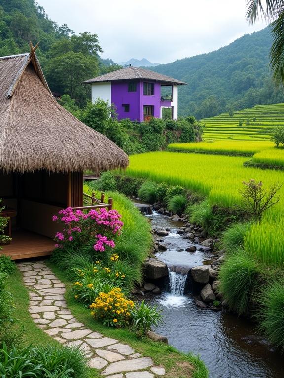 The image captures a serene and picturesque scene blending traditional and modern elements within a lush, natural landscape. A traditional hut with a thatched roof is in the foreground with vibrant flowers. A winding stone pathway leads to the hut. A small stream flows towards the foreground. In the midground, rice terraces are visible, along with modern purple and white buildings. The background features green hills under an overcast sky.