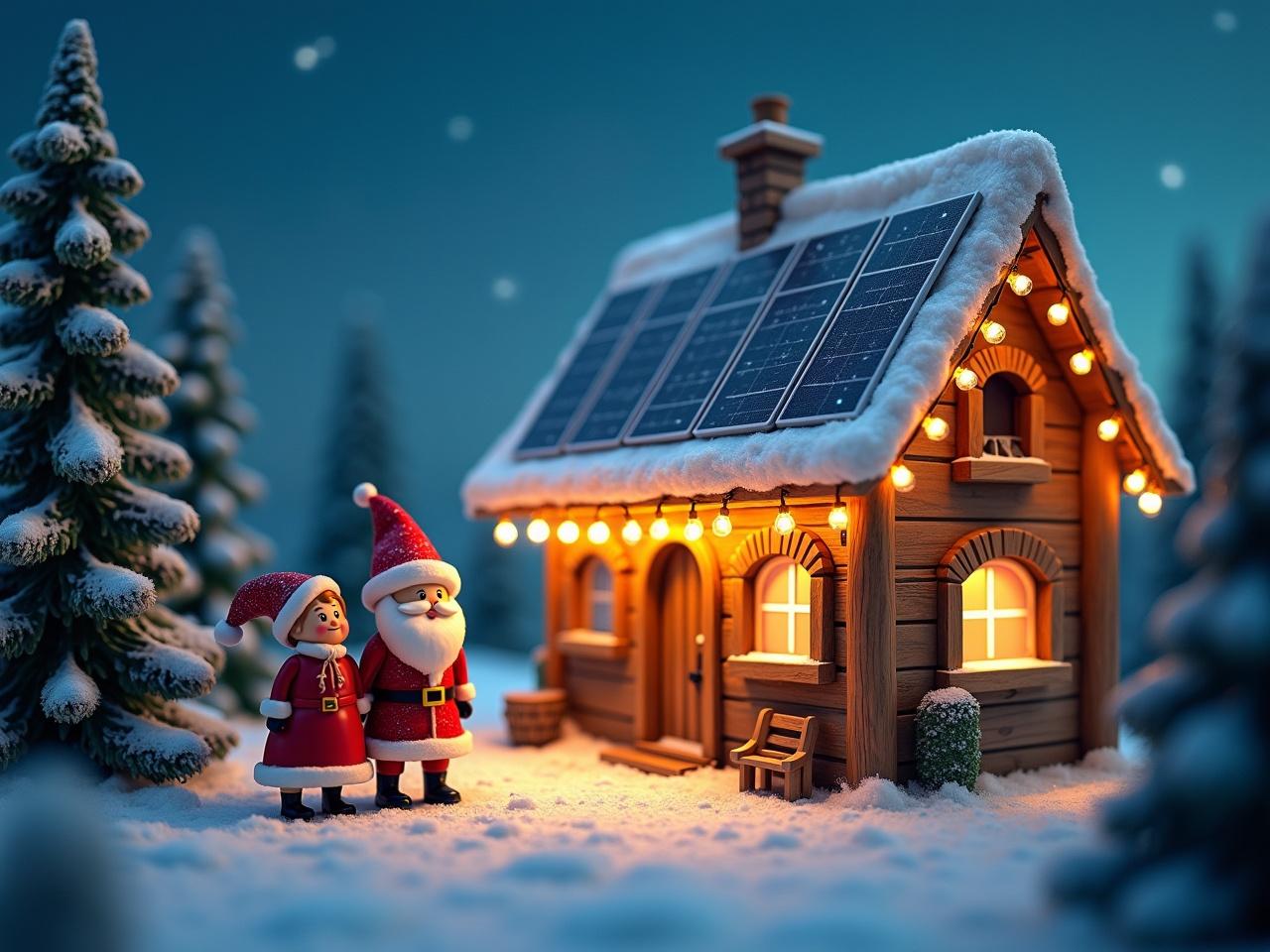 A festive scene featuring Santa Claus and Mrs. Claus in front of a solar-powered workshop. The workshop is warmly lit, and Christmas decorations are visible outside. Snow covers the ground and trees, highlighting the cheerful holiday atmosphere. The scene emphasizes eco-friendly energy use at the North Pole during Christmas.