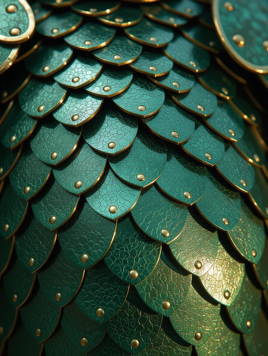 Close-up of overlapping metal scales in emerald green and teal. Artisanal armor resembles medieval chainmail. Scales arranged in a dense pattern. Warm light creates golden highlights. Metallic gold outlines define the scales. Smooth and glossy surface texture. Viewpoint from below emphasizes the complexity. Ambiance is ethereal and magical. Macro photography highlights intricate details. Shallow depth of field blurs the background.