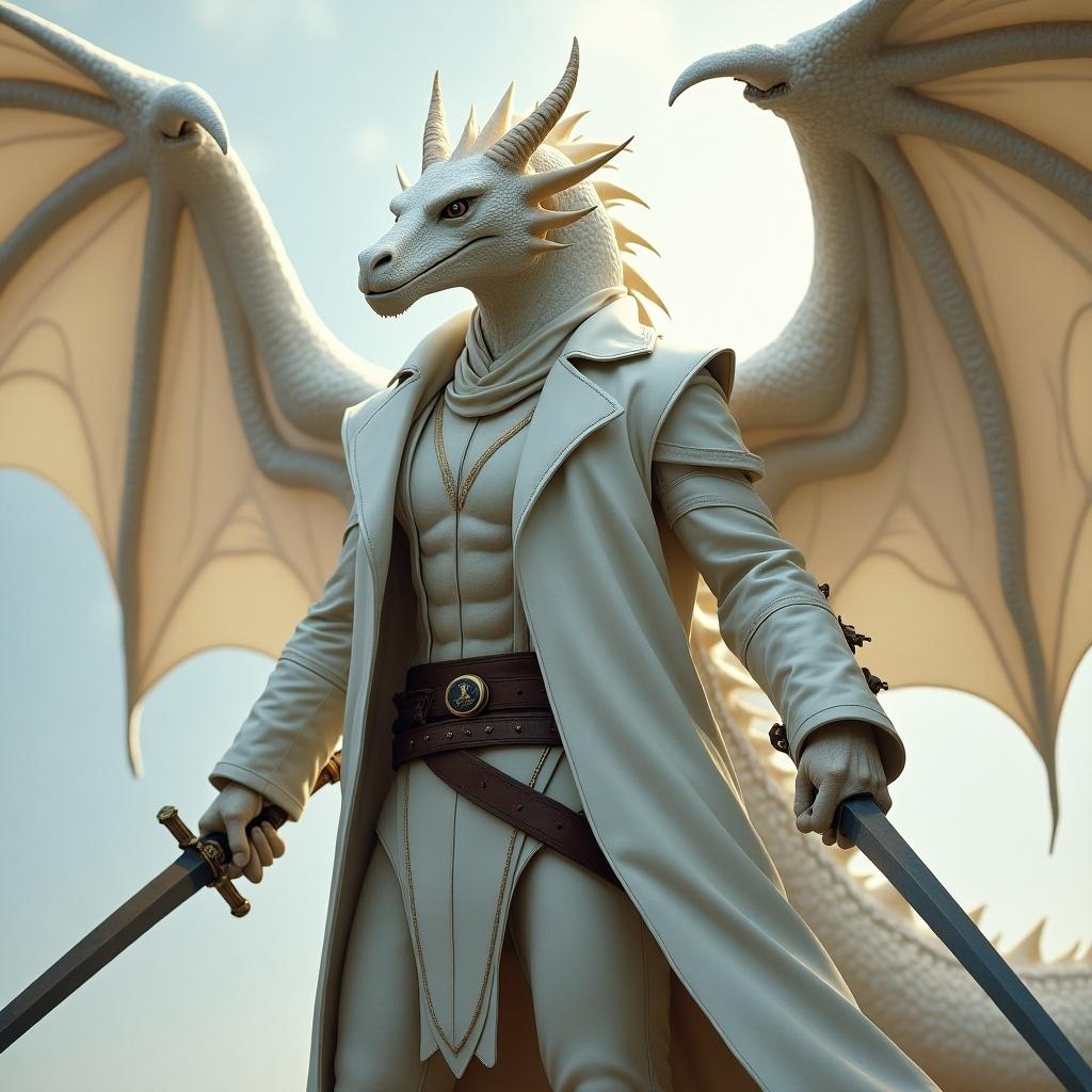 A white dragon character in a long leather coat holds two scimitars. The character is muscular with dragon features like scales and horns. The background has a cloudy sky, enhancing the fantasy theme.