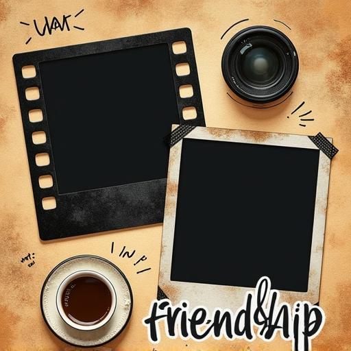 Square-format friends gathering themed photo collage in vintage film roll style with three image areas each styled as a black frame with camera-themed designs; top-left black frame with film sprocket holes; center-right tilted polaroid frame with taped corners; bottom-center circular frame resembling camera lens ring; warm textured paper background with doodles of cutlery, coffee mugs and glasses; word friendship handwritten in retro font.