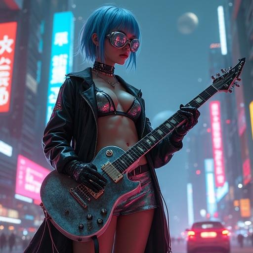 Cyberpunk aesthetic featuring a girl in a black leather jacket and silver miniskirt. She has short blue hair and cold eyes. She holds a glowing guitar, standing left in a neon city with spaceships. The background shows a deep universe with huge satellites. The city is on the right, showcasing the contrast.