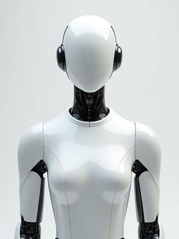 Photo-realistic humanoid robot wearing white classic t-shirt. Features include black mechanical joints and headphones. Upper body composition emphasizes modern design.