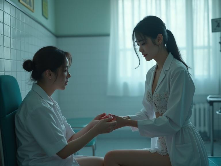 A clinic scene featuring a glamorous young adult Korean woman in a delicately detailed outfit kneeling to serve a patient. The atmosphere is soft and dreamy with perfect lighting and focus on their interaction. The surrounding decor appears clinical yet infused with elegance.