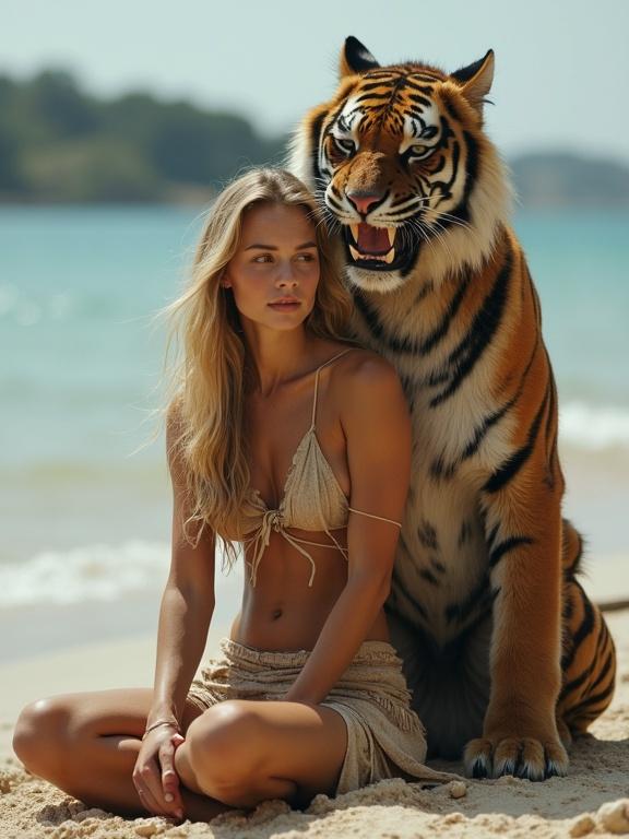 A young beautiful skinny blonde woman sits on the beach. Her hands are loosely on the ground. She wears a tattered loincloth. Beside her stands a big tiger-like creature. The creature is roaring and protective. Smooth tanned skin glistens with sweat.