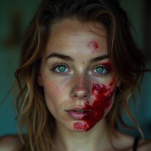 A woman with blood on face. Expression evokes intensity and emotion. Features sharp contrast with the background. Close-up view with emphasis on facial details.