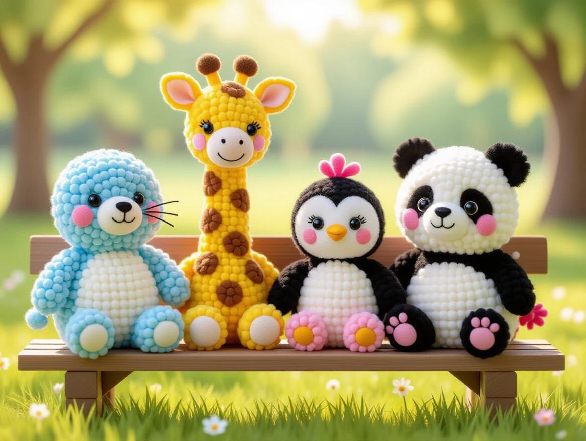 Adorable cute handmade animals made from fluffy yarn pom-poms. Animals include a seal, giraffe, penguin, and panda. Animal bodies and heads formed from colorful pom-poms. Tiny bead eyes and felt ears adorn each creature. They sit together on a cozy bench in a vibrant park. Soft bokeh background creates a whimsical ethereal feel. The image embodies a hyper-cute and playful aesthetic with beautiful composition