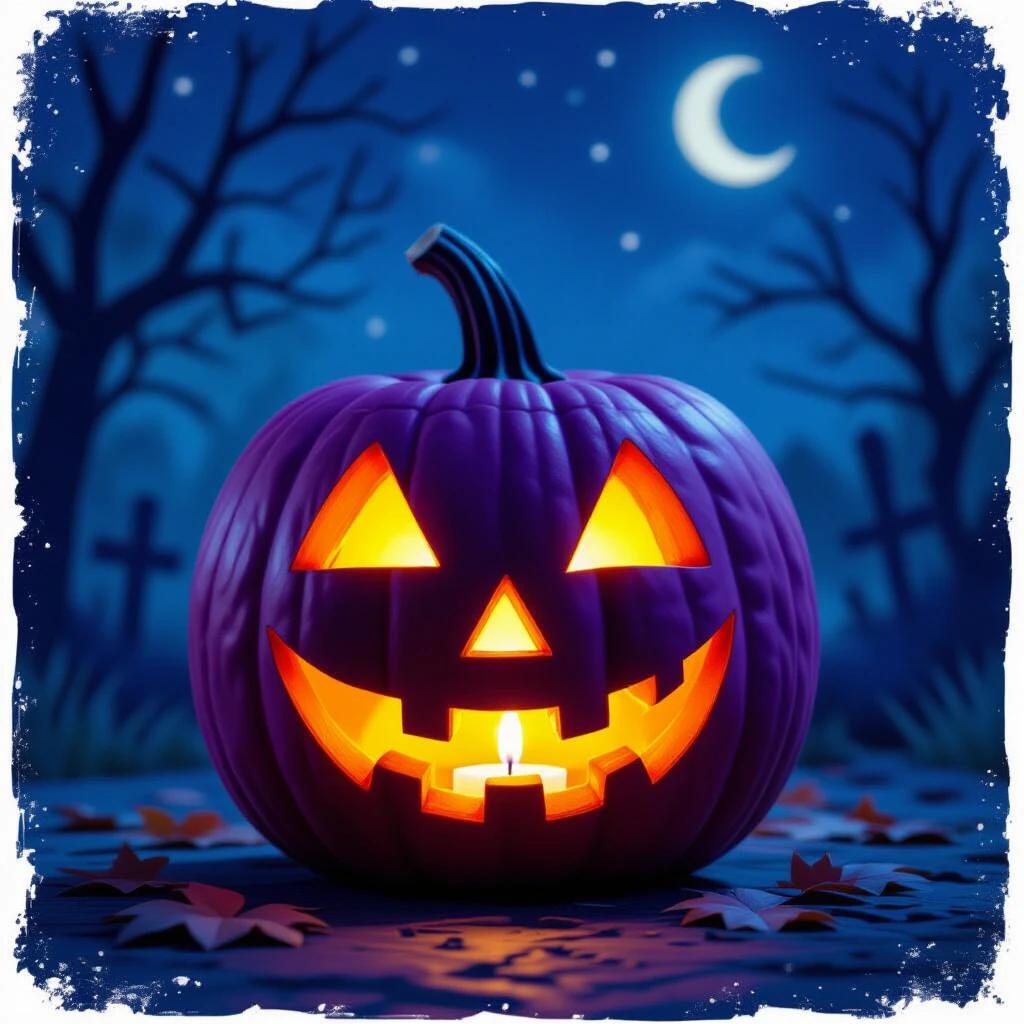 Purple Jack-o-lantern carvings in nighttime scene. Candle flickering inside illuminates pumpkin. Scary ambiance depicted through trees and distant graveyard.