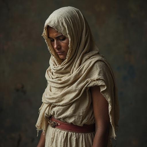 Portrayal of a woman in torn clothing. Her face shows a mix of resilience and hardship. Soft natural light highlights her features.