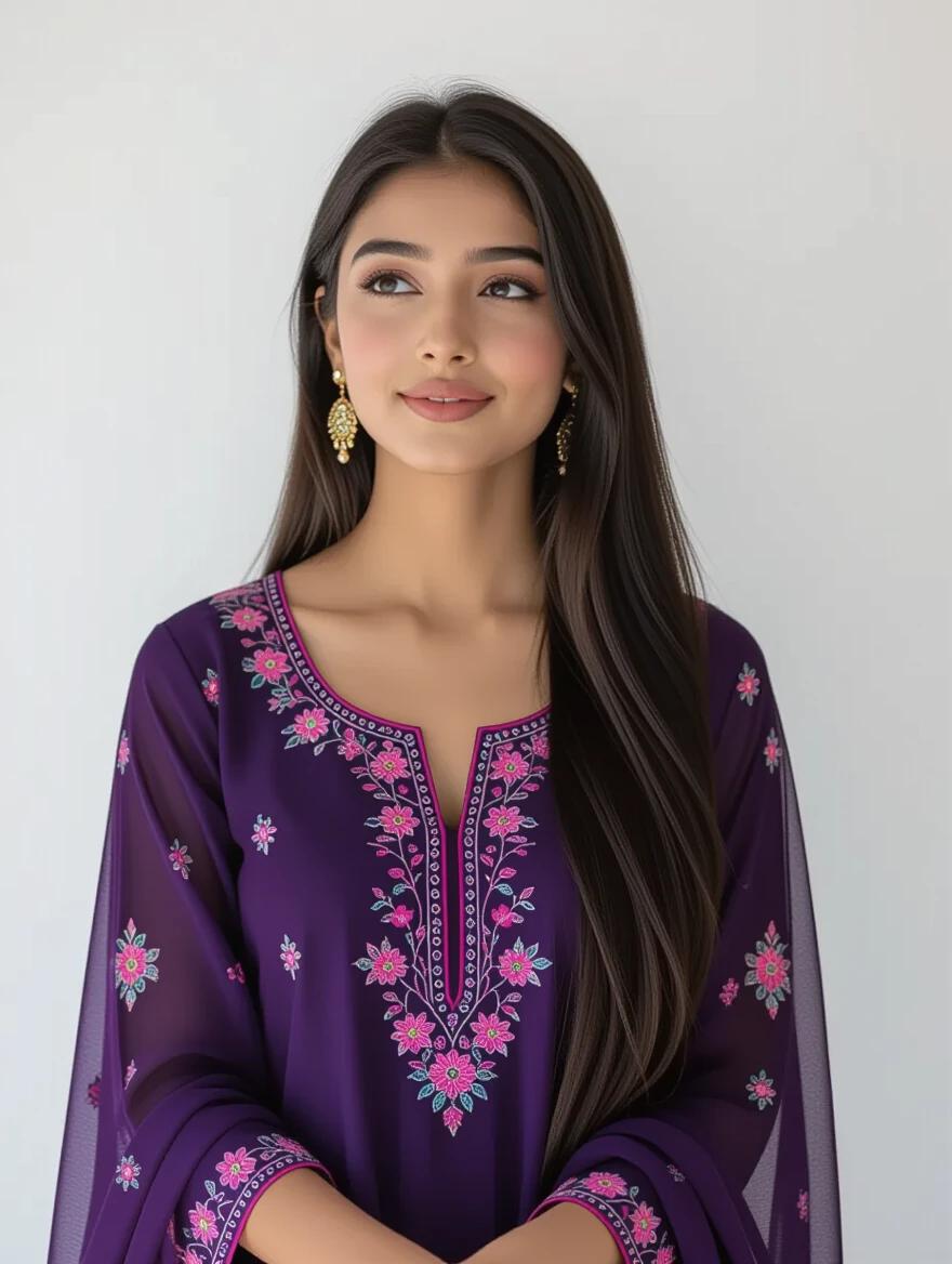 Young girl from Bangladesh wearing a dark violet indigo salwar kameez with pink embroidery. Long black hair. She gazes slightly upward with a wistful expression. Soft lighting.