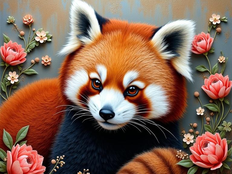 This image showcases a 3D portrait of a red panda surrounded by beautiful flowers. It combines mixed media techniques including digital art and embroidery. The textures include elements like jute fibres and glittering confetti. The composition is bright and filled with intricate details highlighting the beauty of modern art.