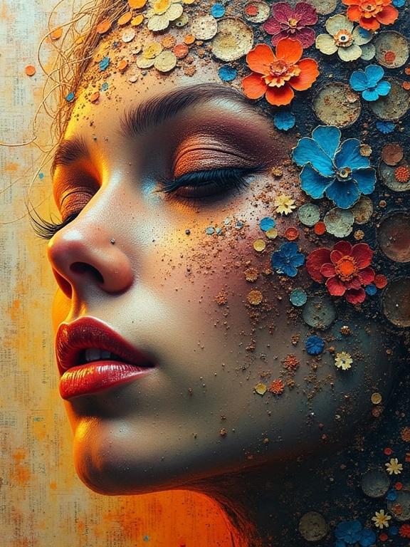 A beautiful woman's profile adorned with textured elements such as flowers, jute fibres, and glittering confetti. The artwork features a mix of styles and materials, showcasing a stunning composition with luminous colors and a magical feel.