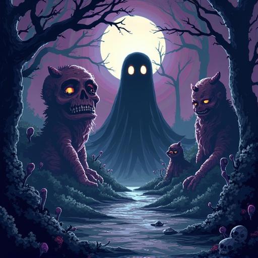 Pixel art scene featuring multiple grotesque eldritch monsters with ghostly appearances in a dark forest setting. Background includes a large glowing moon casting eerie light. Monsters are composed of skulls and strange physical features, with an unsettling atmosphere.