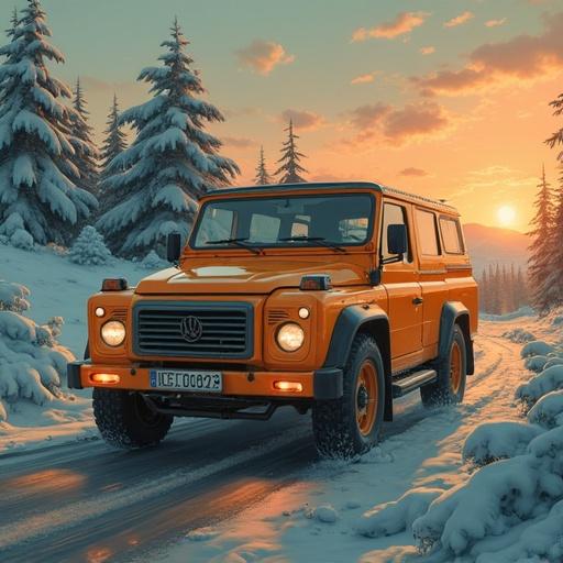 An orange off-road vehicle driving on a snow-covered road through a scenic winter landscape at sunset.