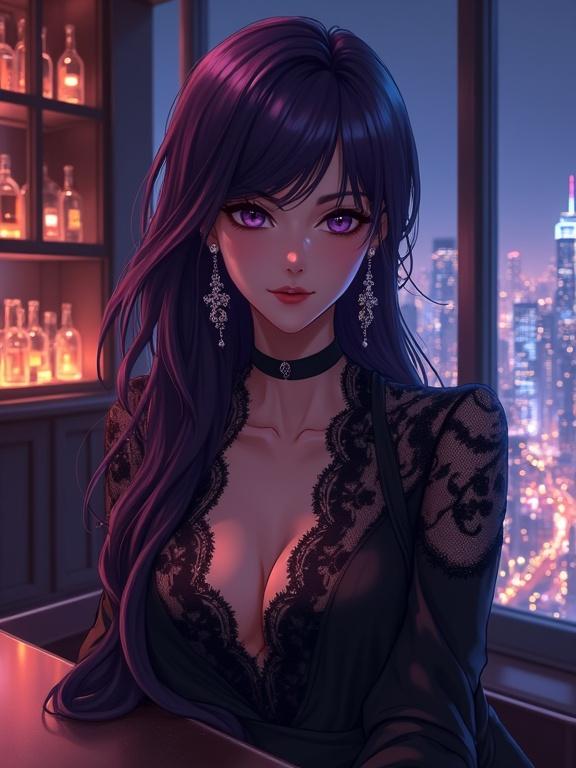 Beautiful semi-anime lady with dark violet hair sitting at bar counter. Elegant black lace blouse and sparkling earrings. Calm and intelligent expression. Luxurious high-rise lounge background with city lights visible. Warm ambient lighting creates dreamy mood.