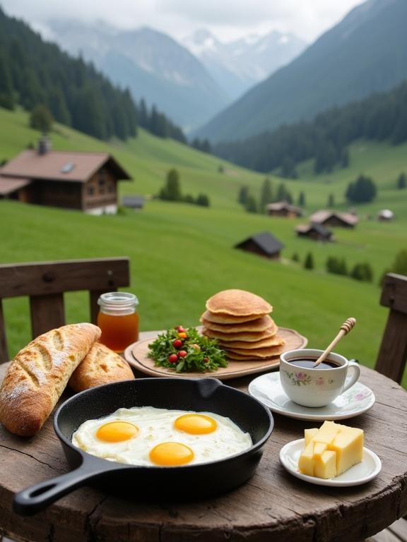The image shows a rustic countryside breakfast outdoors. A table displays sunny-side-up eggs in a skillet, fresh bread, pancakes, a mixed salad, and cheese. The setting includes a honey jar and coffee. The backdrop features rolling green hills and misty mountains.