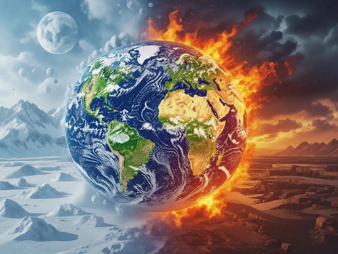 Split-screen showing Earth with two contrasting weather conditions. Left side depicts snowstorms and ice. Right side depicts tropical heat and flames. Concept art visualizing the effects of climate change.